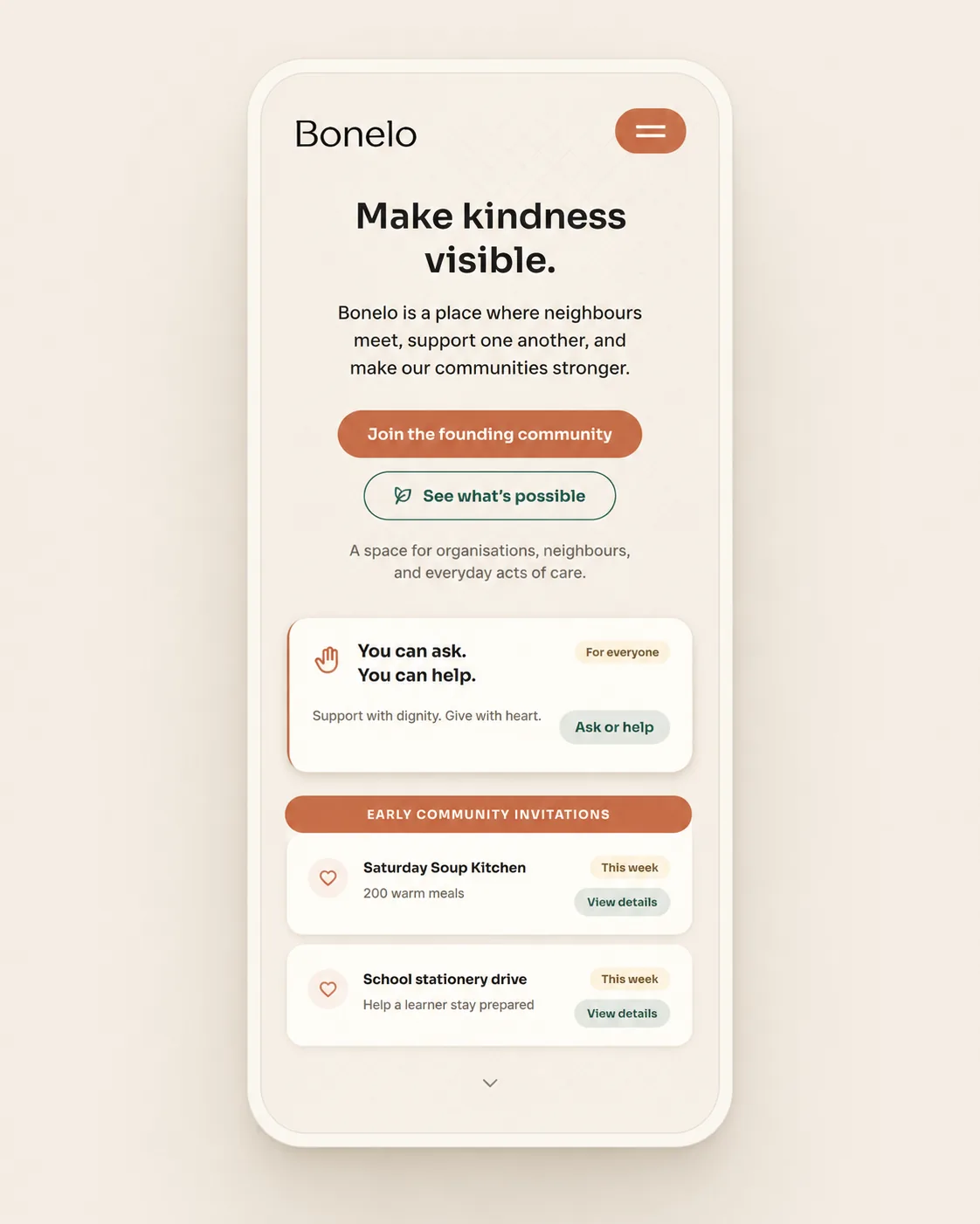 Bonelo founding-community interface concept with invitation cards and community actions