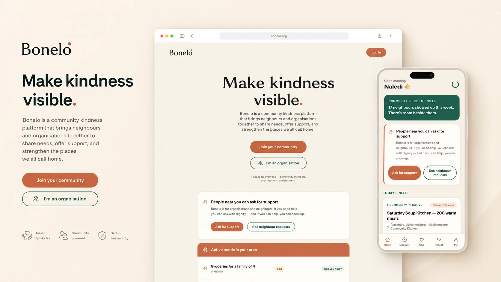 Bonelo website and early product interface presented across desktop and mobile layouts