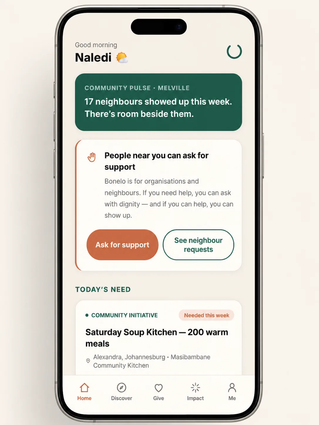 Bonelo mobile product prototype showing community activity, support requests and navigation