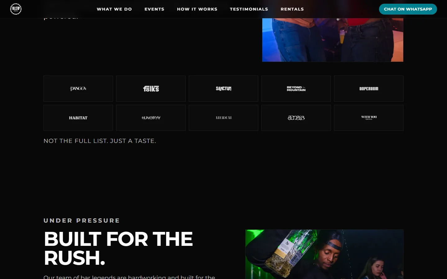The Bars powered by us section of the Fullstop Bars site: a dark panel of client and event names above the heading Built for the rush with crew photography