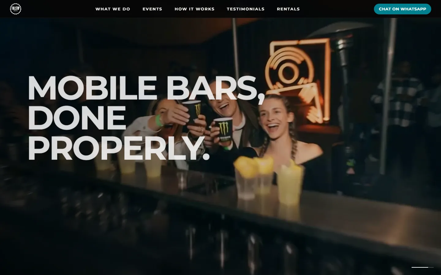 The Mobile bars, done properly section of the Fullstop Bars site: the headline over photography of bar staff serving drinks at an event