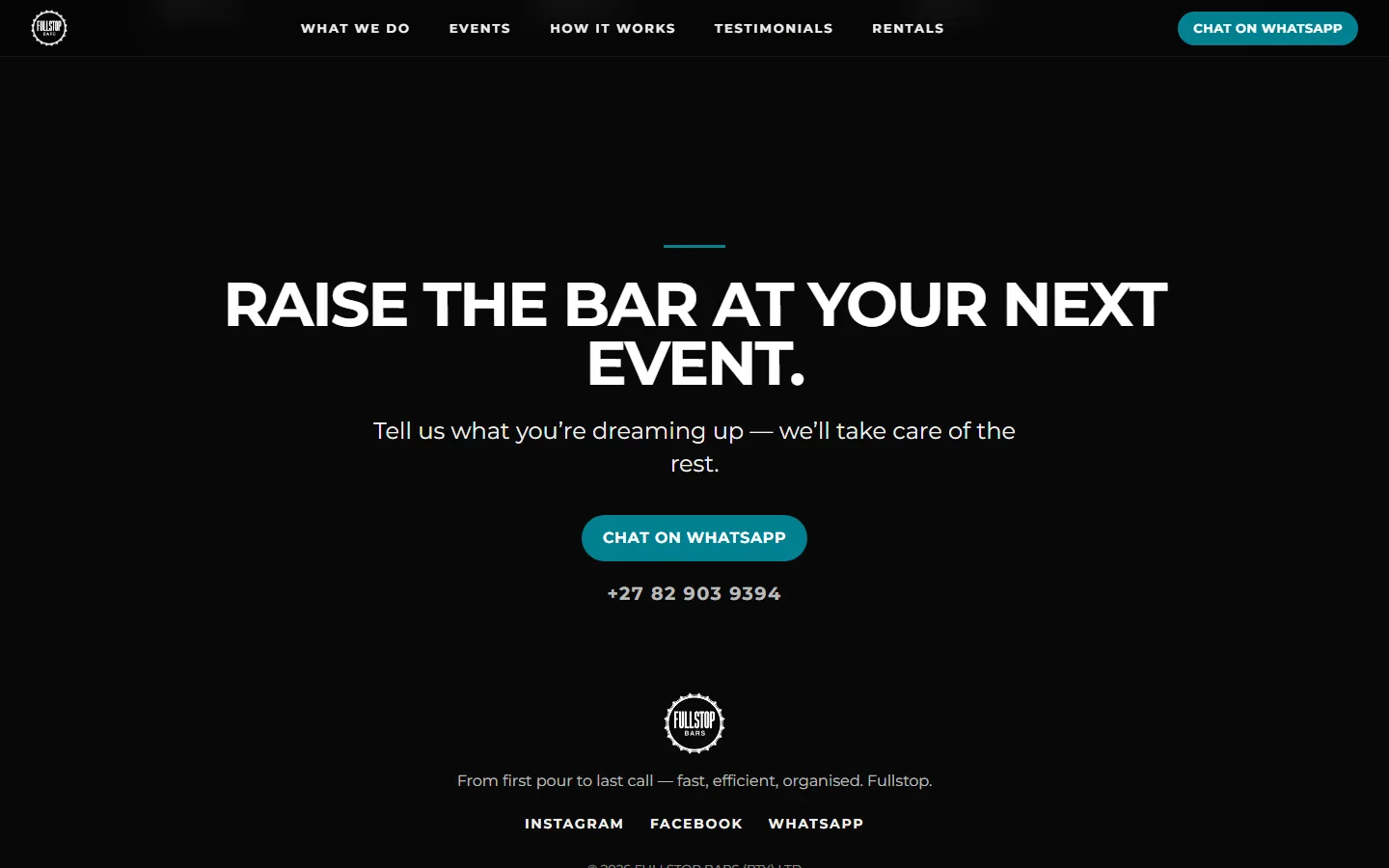 The closing section of the Fullstop Bars site: Raise the bar at your next event, a Chat on WhatsApp button, the phone number and the Fullstop Bars mark above social links