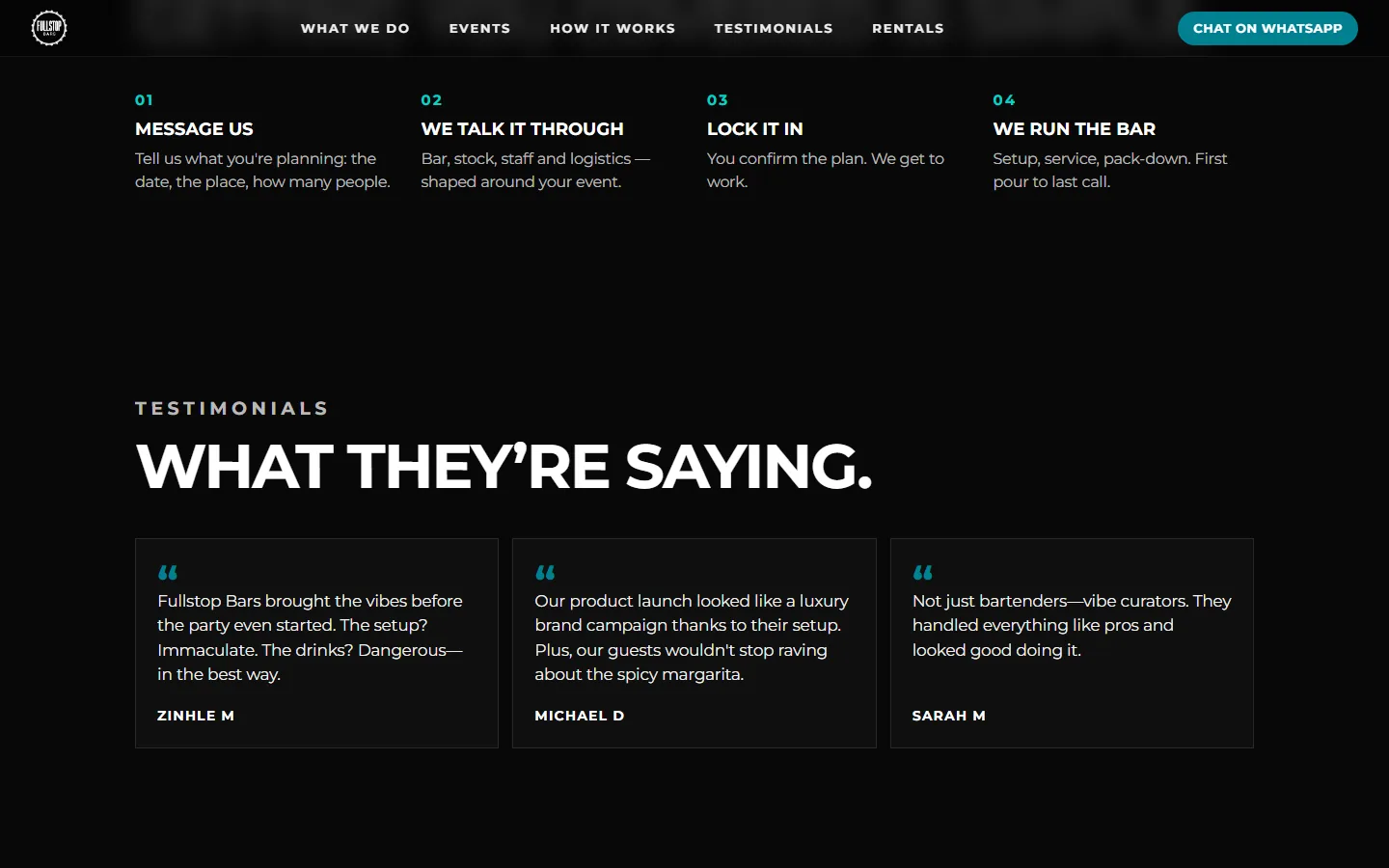 The Fullstop Bars process section showing four numbered steps, Message us, We talk it through, Lock it in, We run the bar, above the testimonials section headed What they're saying