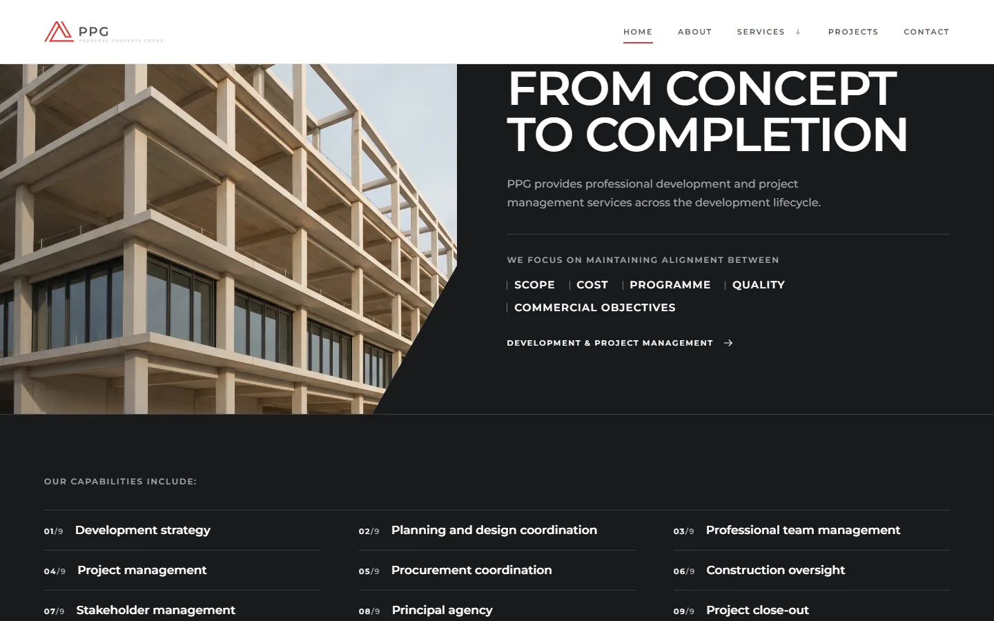 The From concept to completion section of the Pedregal demo: a dark panel with the heading, a list of focus areas including scope, cost, programme, quality and commercial objectives, and a capability list, beside building photography