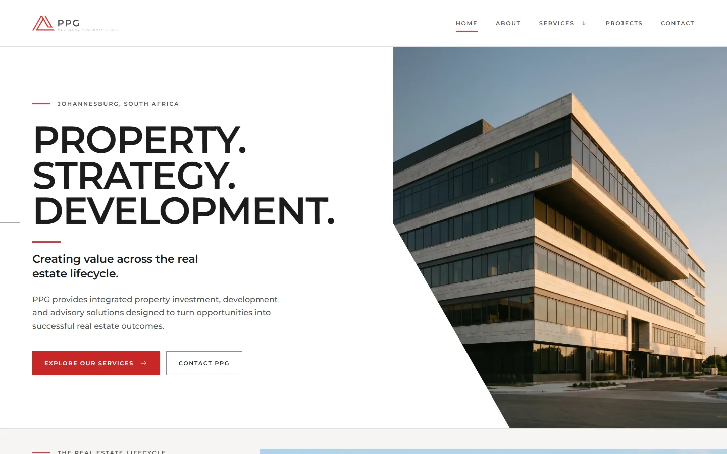 The Pedregal Property Group homepage: the headline Property. Strategy. Development. beside photography of a modern glass office building