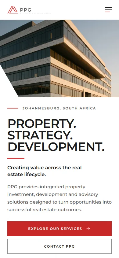 The Pedregal Property Group homepage on a phone: the PPG mark, architectural photography, the headline Property. Strategy. Development., the line Creating value across the real estate lifecycle and Explore our services and Contact PPG actions