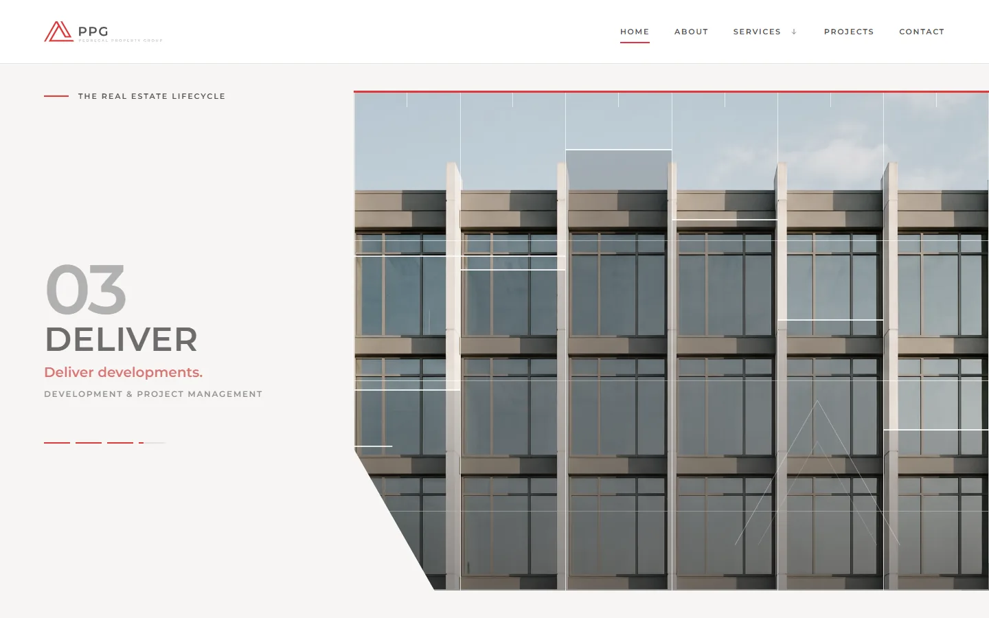 A lifecycle stage panel on the Pedregal demo homepage showing 03 Deliver, Deliver developments, Development and project management, beside photography of a building facade
