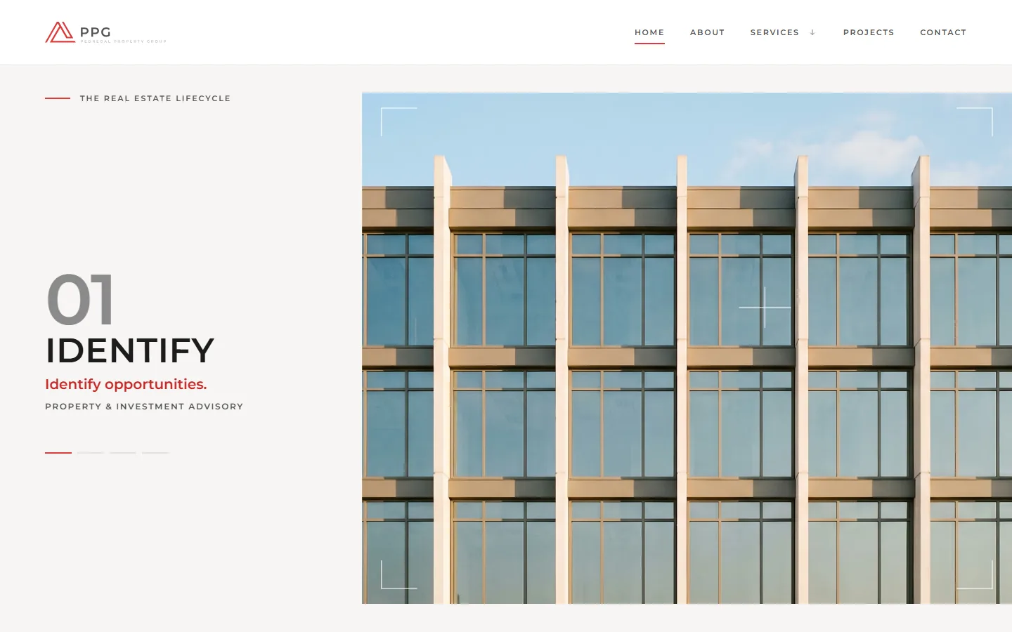 The real estate lifecycle section of the Pedregal demo homepage showing stage 01 Identify, Identify opportunities, Property and investment advisory, beside architectural photography of a glass-fronted building
