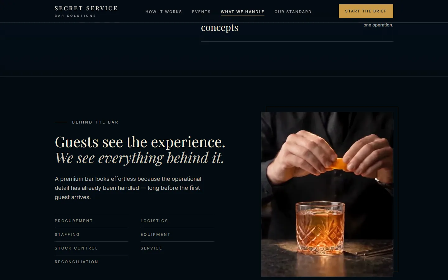 The Behind the bar section of the Secret Service site: the heading Guests see the experience. We see everything behind it. with a grid of operational responsibilities beside photography of a bartender finishing a drink