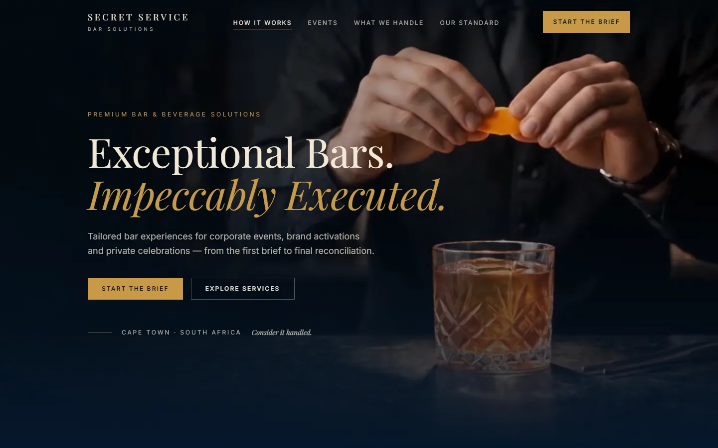 The Secret Service Bar Solutions homepage: the serif headline Exceptional Bars. Impeccably Executed. over photography of a bartender finishing a drink