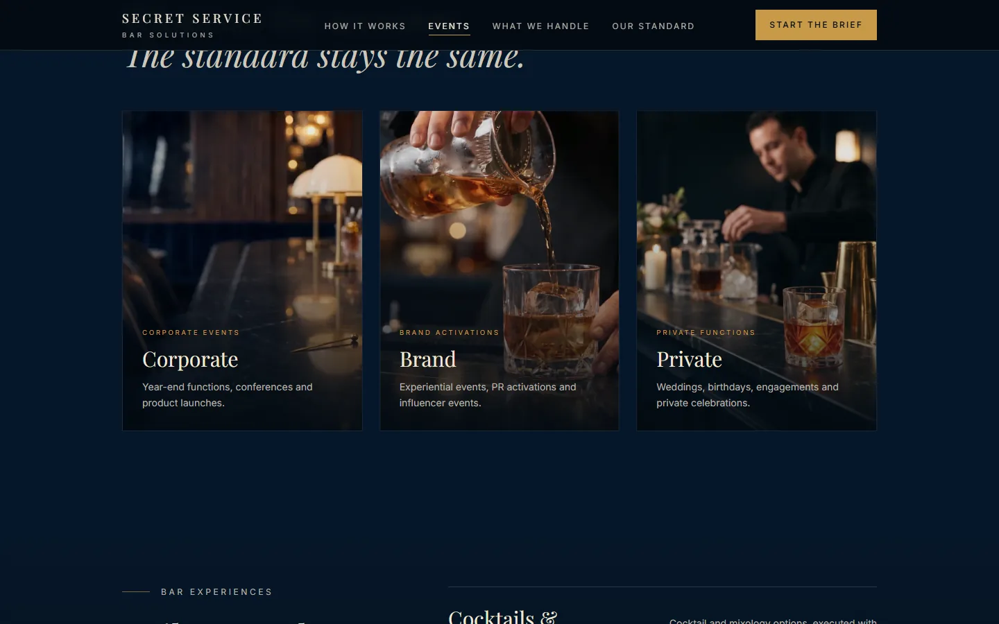 The occasions section of the Secret Service site: three photographic panels for Corporate, Brand and Private events, each with a short description