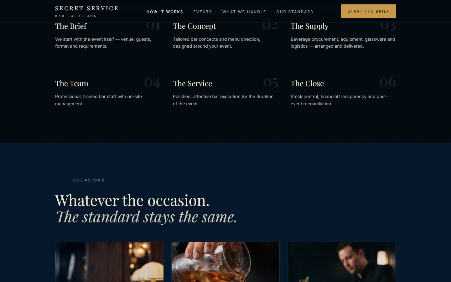 The How it works section of the Secret Service site: six numbered steps, The Brief, The Concept, The Supply, The Team, The Service, The Close, above the Occasions section headed Whatever the occasion. The standard stays the same.