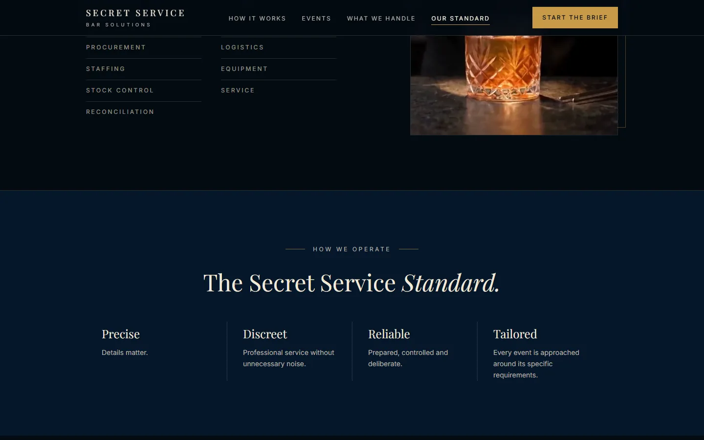 The standard section of the Secret Service site: the heading The Secret Service Standard above four columns, Precise, Discreet, Reliable and Tailored, each with a short line