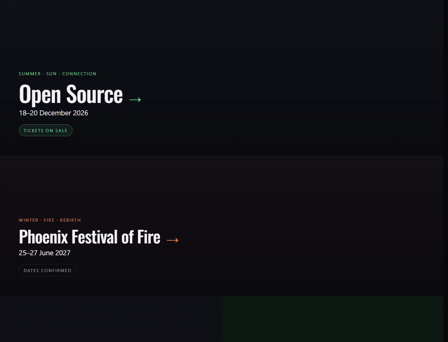 The Choose your Vortex experience section of the live site: Open Source, 18 to 20 December 2026, tickets on sale, above Phoenix Festival of Fire, 25 to 27 June 2027, dates confirmed