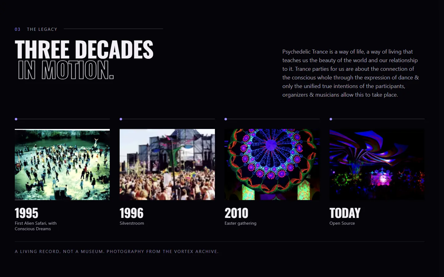 The Three decades in motion archive section: four photographs labelled 1995, 1996, 2010 and Today, with a paragraph on psychedelic trance as a way of life