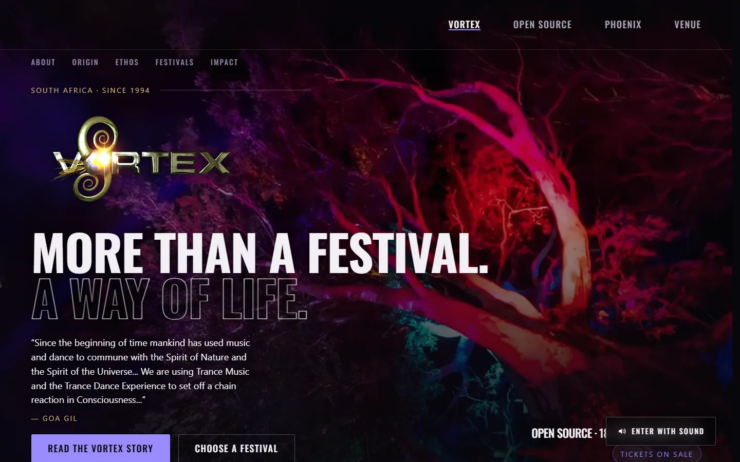 The Vortex Trance Adventures homepage: the Vortex mark and the headline More than a festival. A way of life. over ultraviolet-lit tree photography, with Vortex, Open Source, Phoenix and Venue in the navigation