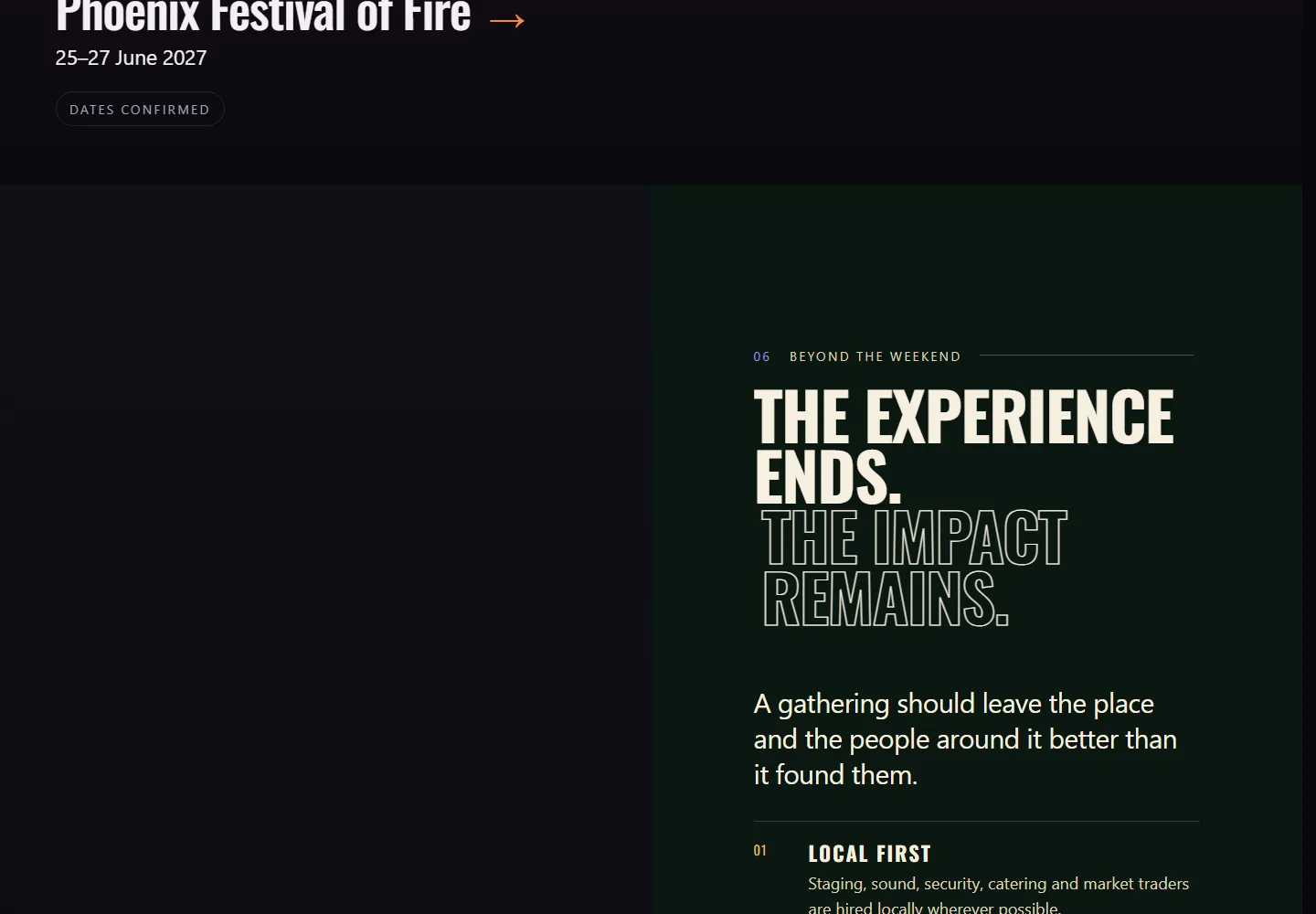 The impact section of the live Vortex site: the heading The experience ends. The impact remains. beside a green panel listing commitments beginning with Local first