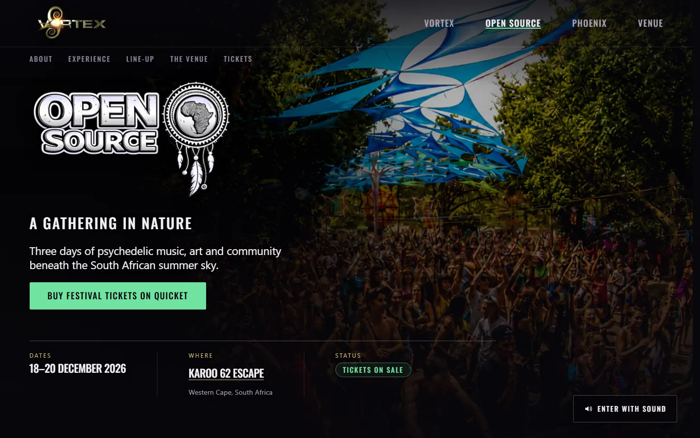 The Open Source festival page hero on the live site: the Open Source mark over crowd and stage photography, with the line A gathering in nature, the festival dates and a Buy festival tickets action