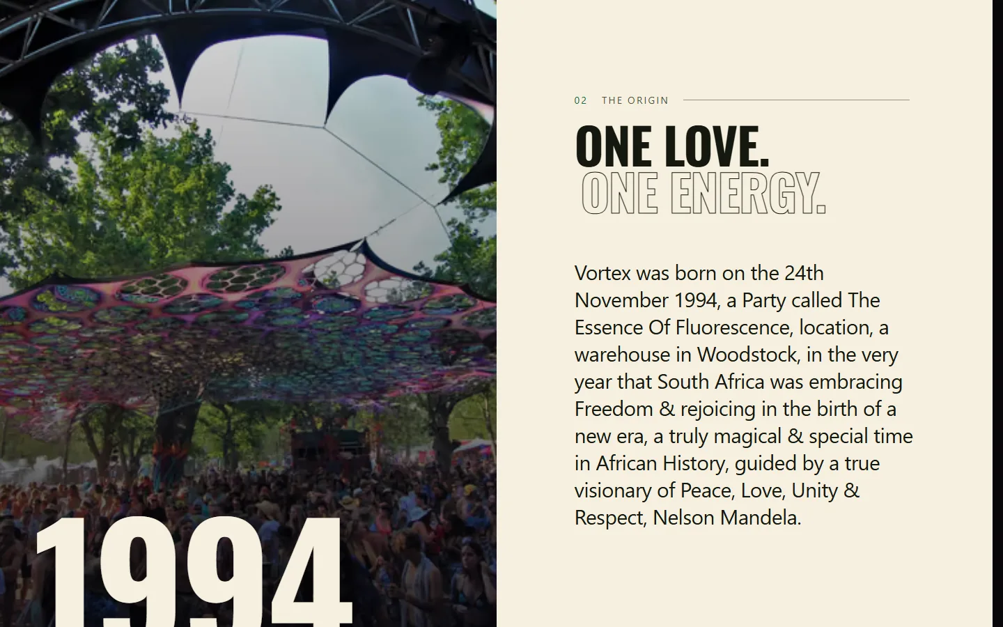The origin section of the live Vortex site, telling the story of the 1994 beginnings over dark archive photography